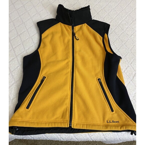 Vintage LL Bean Women’s Black/Yellow Vest Fur Trim Two Front Pockets Sz Petite M - Picture 2 of 15